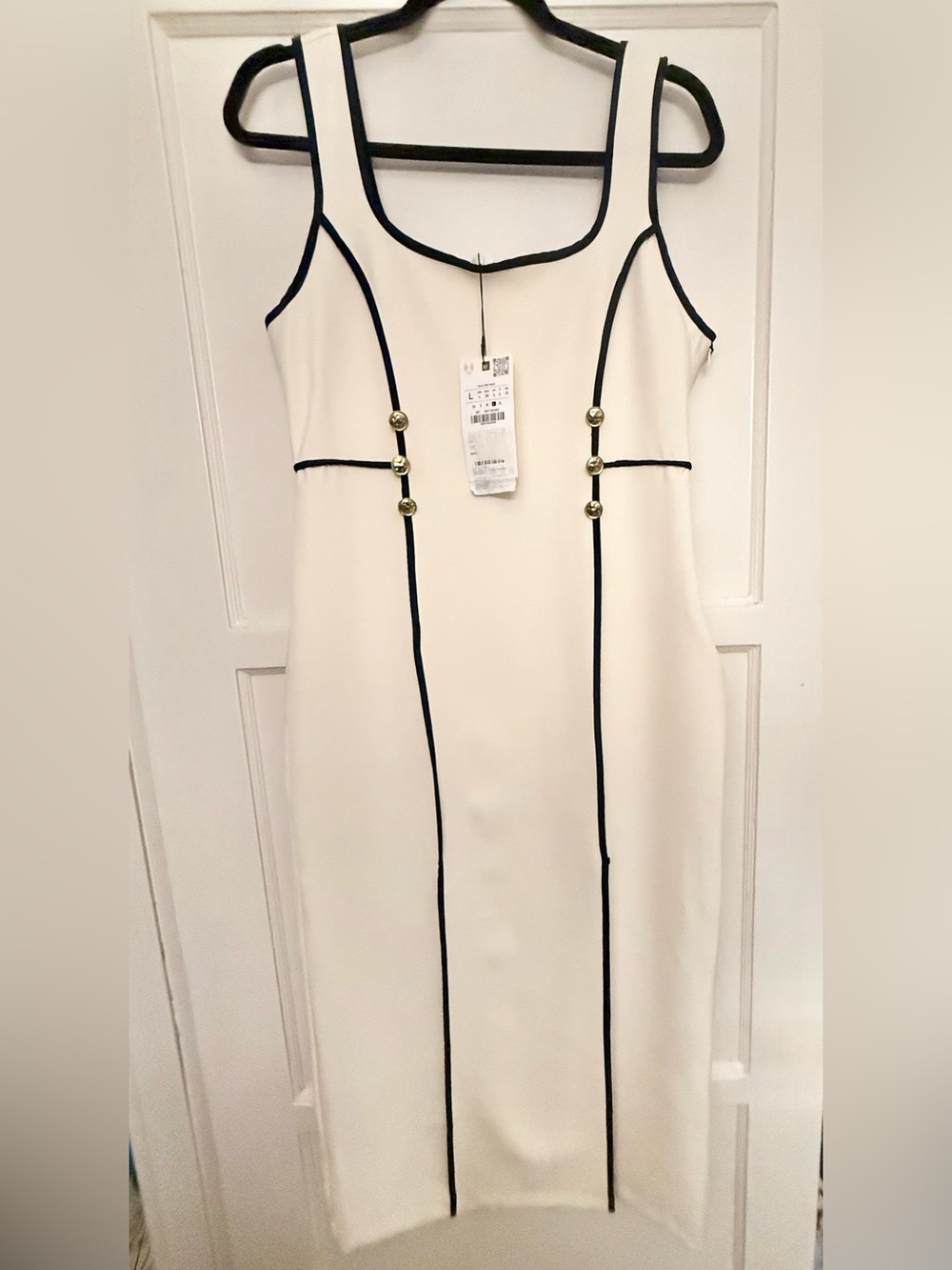 ZARA Contrast Trim Midi Dress Ecru Black NWT Size Large - Picture 2 of 15